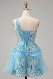 Sparkly Light Blue Sequin Ruffled Short Cocktail Dress