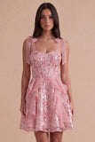 Sparkly Pink Corset Sequin Ruffled Short Cocktail Dress