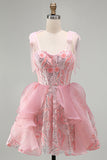 Sparkly Pink Corset Sequin Ruffled Short Cocktail Dress