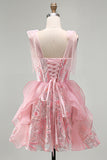 Sparkly Pink Corset Sequin Ruffled Short Cocktail Dress