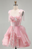 Sparkly Pink Corset Sequin Ruffled Short Cocktail Dress