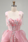 Sparkly Pink Corset Sequin Ruffled Short Cocktail Dress