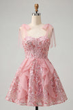 Sparkly Pink Corset Sequin Ruffled Short Cocktail Dress