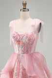 Sparkly Pink Corset Sequin Ruffled Short Cocktail Dress
