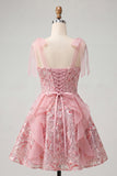 Sparkly Pink Corset Sequin Ruffled Short Cocktail Dress