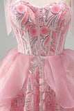Sparkly Pink Corset Sequin Ruffled Short Cocktail Dress