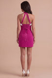 Sparkly Fuchsia Ruffled Beaded Halter Short Cocktail Dress
