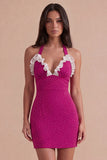 Sparkly Fuchsia Ruffled Beaded Halter Short Cocktail Dress