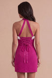 Sparkly Fuchsia Ruffled Beaded Halter Short Cocktail Dress