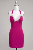 Sparkly Fuchsia Ruffled Beaded Halter Short Cocktail Dress