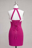 Sparkly Fuchsia Ruffled Beaded Halter Short Cocktail Dress