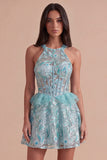 Sparkly Lake Blue Sequin Corset Short Cocktail Dress