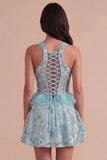 Sparkly Lake Blue Sequin Corset Short Cocktail Dress