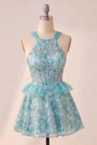 Sparkly Lake Blue Sequin Corset Short Cocktail Dress
