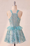 Sparkly Lake Blue Sequin Corset Short Cocktail Dress
