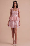 Pink Sparkly Sequin Ruffled Short Cocktail Dress with Slit