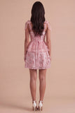 Pink Sparkly Sequin Ruffled Short Cocktail Dress with Slit