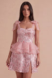 Pink Sparkly Sequin Ruffled Short Cocktail Dress with Slit