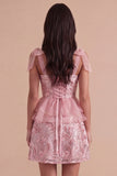 Pink Sparkly Sequin Ruffled Short Cocktail Dress with Slit