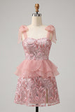 Pink Sparkly Sequin Ruffled Short Cocktail Dress with Slit