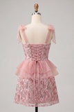 Pink Sparkly Sequin Ruffled Short Cocktail Dress with Slit