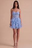 Sparkly Sky Blue Beaded Floral Corset Short Cocktail Dress