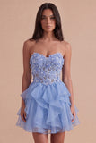 Sparkly Sky Blue Beaded Floral Corset Short Cocktail Dress