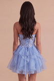 Sparkly Sky Blue Beaded Floral Corset Short Cocktail Dress