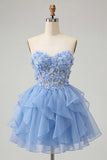 Sparkly Sky Blue Beaded Floral Corset Short Cocktail Dress