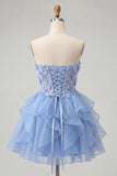 Sparkly Sky Blue Beaded Floral Corset Short Cocktail Dress