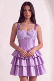 Sparkly Light Purple Corset Beaded Floral Short Cocktail Dress