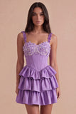 Sparkly Light Purple Corset Beaded Floral Short Cocktail Dress