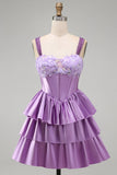 Sparkly Light Purple Corset Beaded Floral Short Cocktail Dress