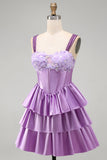 Sparkly Light Purple Corset Beaded Floral Short Cocktail Dress