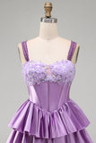 Sparkly Light Purple Corset Beaded Floral Short Cocktail Dress