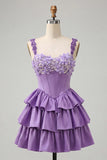 Sparkly Light Purple Corset Beaded Floral Short Cocktail Dress
