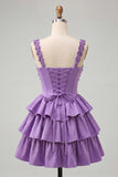 Sparkly Light Purple Corset Beaded Floral Short Cocktail Dress