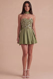 Sparkly Olive Beaded Floral Short Cocktail Dress