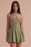 Sparkly Olive Beaded Floral Short Cocktail Dress
