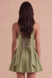 Sparkly Olive Beaded Floral Short Cocktail Dress