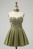 Sparkly Olive Beaded Floral Short Cocktail Dress