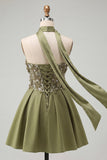 Sparkly Olive Beaded Floral Short Cocktail Dress