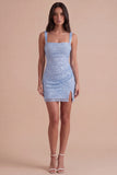 Sparkly Sky Blue Sequin Short Cocktail Dress with Slit