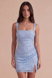 Sparkly Sky Blue Sequin Short Cocktail Dress with Slit