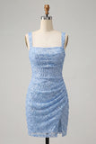 Sparkly Sky Blue Sequin Short Cocktail Dress with Slit