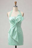 Mint Green Satin Halter Bodycon Short Cocktail Dress