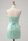 Mint Green Satin Halter Bodycon Short Cocktail Dress