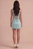 Mint Green Sparkly Sequin Short Cocktail Dress with Slit