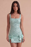 Mint Green Sparkly Sequin Short Cocktail Dress with Slit