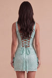Mint Green Sparkly Sequin Short Cocktail Dress with Slit